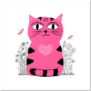 Bright Eyed Pink Heart Kitty In The Flower Garden Posters and Art